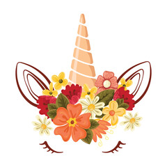 Cute beautiful unicorn with flowers isolated on white background. Design for greeting cards, banners, flyers. Vector. Hand-drawn.