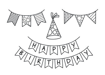 Hand-drawn Birthday Party Elements With Happy Birthday Banner, Party Hat And Decorative Flag Garlands