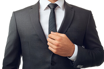 A confident man in a stylish suit adjusts his tie, exuding professionalism and elegance for corporate branding.