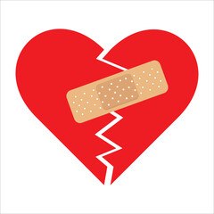 Red Heart broken to two pieces fixed with a plaster patch, vector illustration icon or logo, fixed broken heart concept, breakup or divorce, heartbreak regret, separated couple, tragic love.