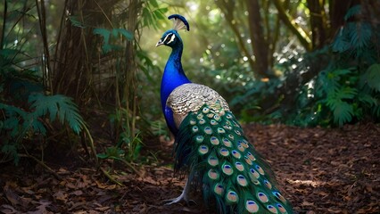 Obraz premium A peacock with its vibrant feathers in a forest
