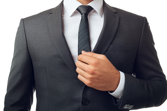 A confident man in a stylish suit adjusts his tie, exuding professionalism and elegance for corporate branding.