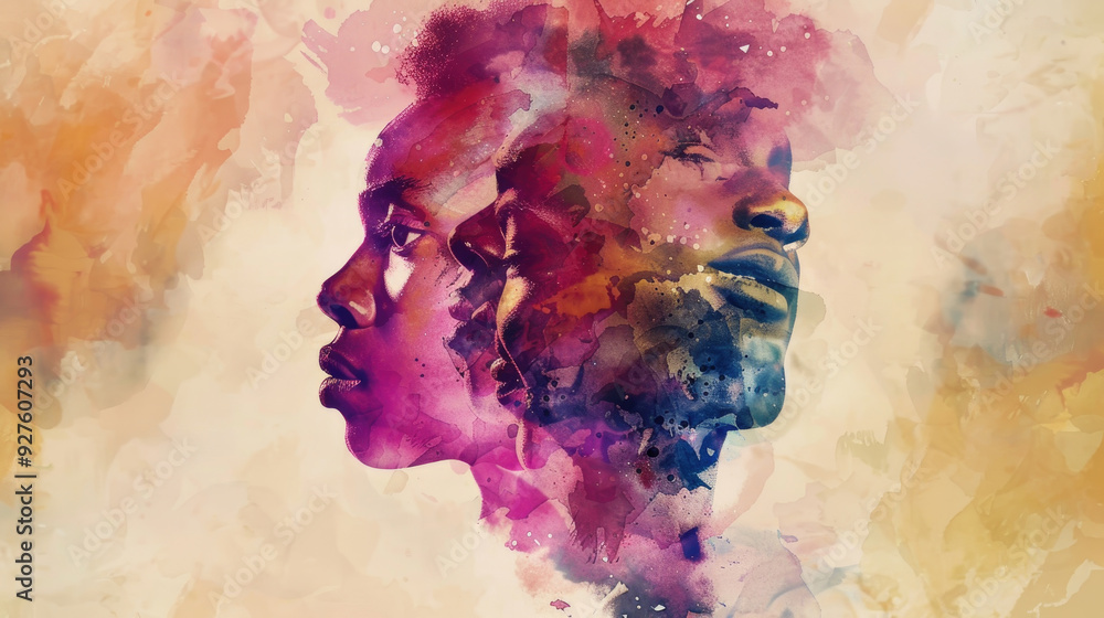 Poster two faces merge in colorful abstraction, symbolizing connection and cultural identity through artist