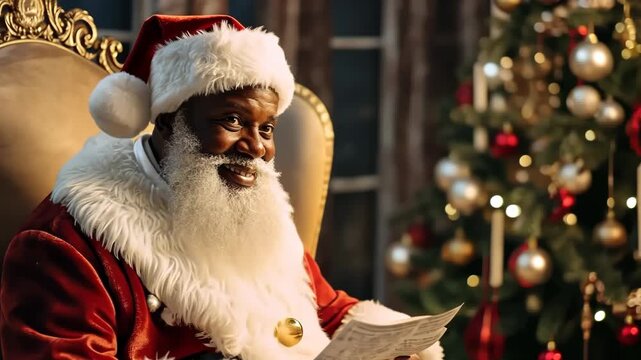 African American Santa Claus reading letter from children sitting near the Christmas tree.