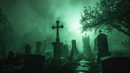 A spooky green fog enveloping a graveyard with glowing tombstones.