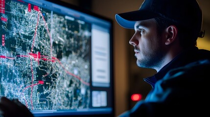 Technician Reviewing Power Outage Map on Computer Screen During Electrical Grid Disruption