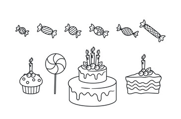 Hand Drawn Birthday Celebration Elements Including A Cake, Candies, Lollipop And Cupcake For Birthdays