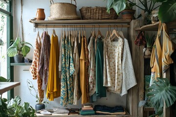 Rustic Boutique: A curated selection of earthy-toned clothing hangs on a wooden rack in a cozy boutique, evoking a sense of simplicity and natural style.  