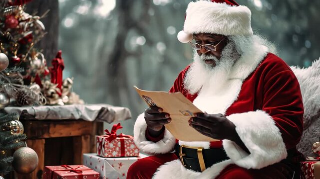 African American Santa Claus reading letter from children sitting near the Christmas tree.