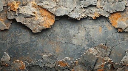 Fototapeta premium Cracked gray stone texture with a weathered surface and patches of orange, creating a natural abstract background.