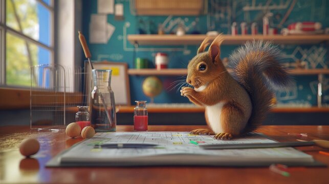 AI generator image of cute squirrel sneaking into the room to eat snacks and food, in the classroom, in the office