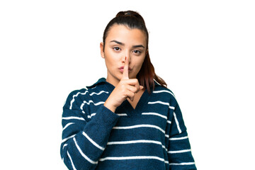 Young beauty woman over isolated chroma key background showing a sign of silence gesture putting finger in mouth