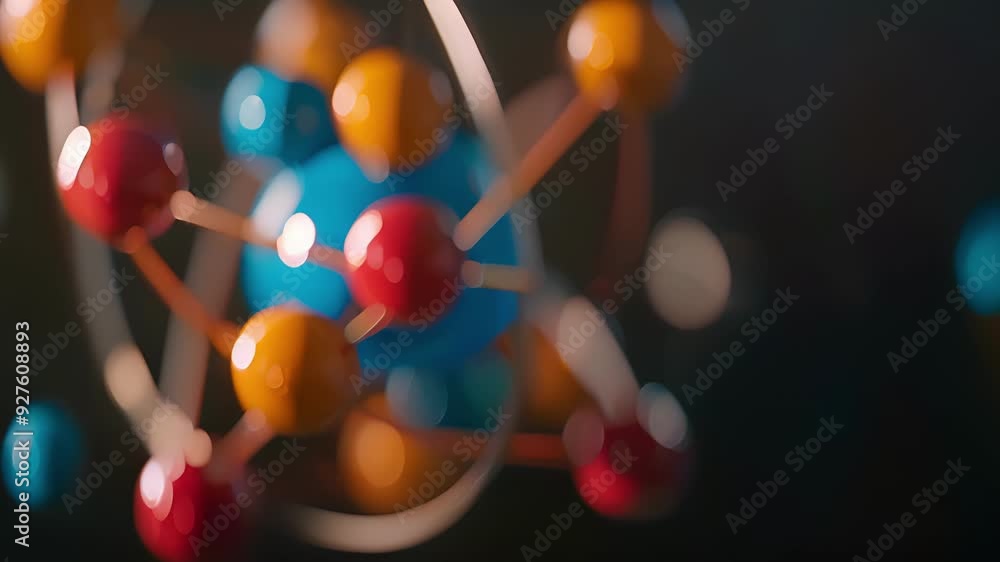 Poster a scale model of an atom with each particle represented by a different color and size.