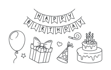 Playful Birthday Collection Featuring Black and White Linear Cake, Balloon, Gift Box, Party Hat And Decorative Banner