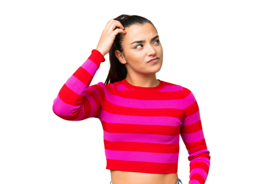 Young beauty woman over isolated chroma key background having doubts while scratching head