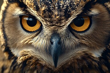 Close up portrait of eurasian eagle owl staring with intense yellow eyes