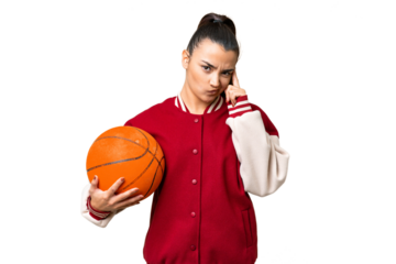 Young Woman playing basketball over isolated chroma key background thinking an idea