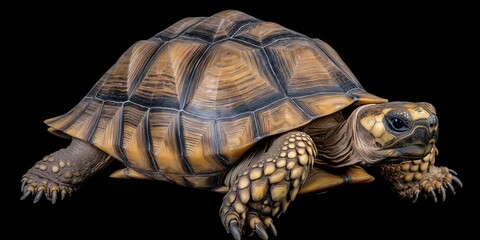 Fototapeta premium Photo of a tortoise isolated against a black background, emphasising the tortoise's majestic features. Wildlife and conservation concept, space for copy.