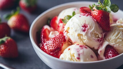 A bowl of homemade ice cream with juicy strawberries on top, highlighting the vibrant colors and delicious textures of the dessert.