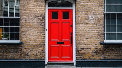 Fototapeta premium A bright red door with a sleek black handle, standing out against a classic brick building facade.