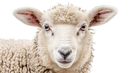 Fototapeta premium A close-up of a sheep's face with fluffy wool and expressive eyes. isolated on white background isolated on white background. transparent background