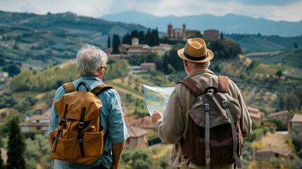 Two senior men with backpacks stand on a hill looking at a map and a picturesque village in the distance.