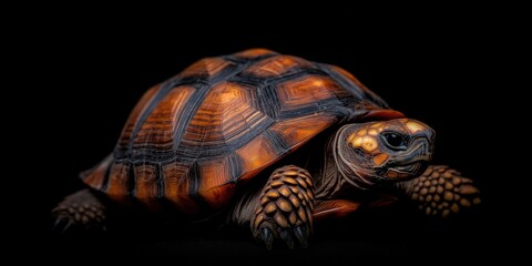 Fototapeta premium Photo of a tortoise isolated against a black background, emphasising the tortoise's majestic features. Wildlife and conservation concept, space for copy.