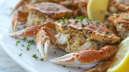 A close-up of stuffed blue crabs on a simple white plate, emphasizing the crisp crust and moist filling, ready to be served with lemon and herbs.