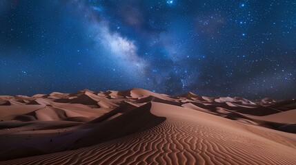 A starry night sky over the Sahara Desert, with sand dunes and an illuminated campfire in view. The scene captures the vastness of desert landscapes under celestial beauty.