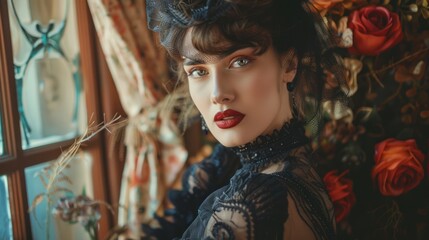 Fototapeta premium A woman in a vintage Halloween costume, posing with retro decor.