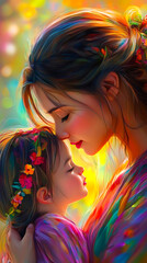 A tender moment between a woman and a young girl captured in vibrant colors, ideal for themes of family love, motherhood, and emotional connection it can be used for greeting cards, parenting blogs