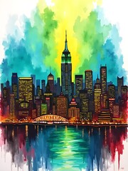 Obraz premium Vibrant Watercolor Skyline Reflection