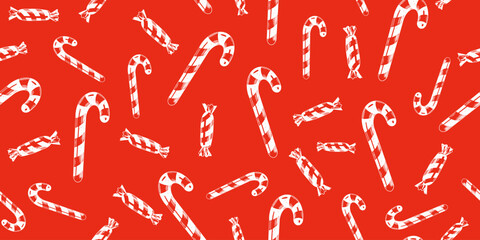 Seamless pattern with candy cane. Red and white Christmas background with Lollipops