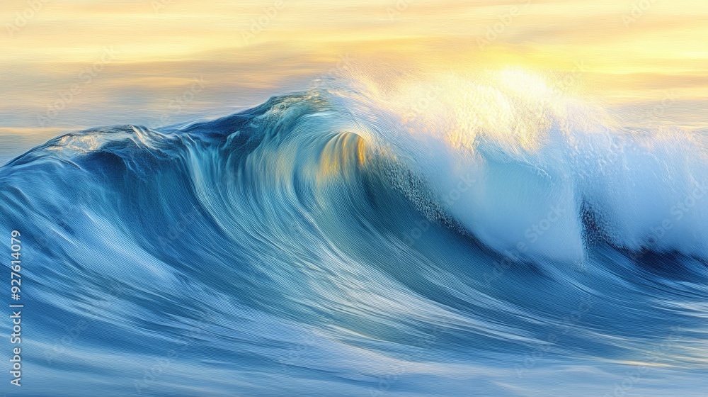 Poster a dynamic blue wave with a soft yellowish tint, creating a vibrant and abstract oceanic scene.