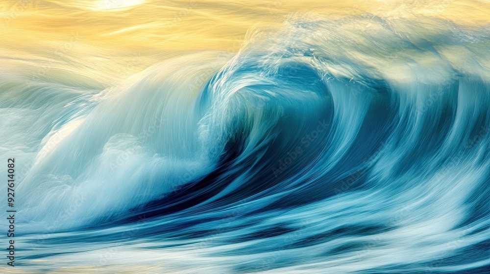 Poster a dynamic blue wave with a soft yellowish tint, creating a vibrant and abstract oceanic scene.