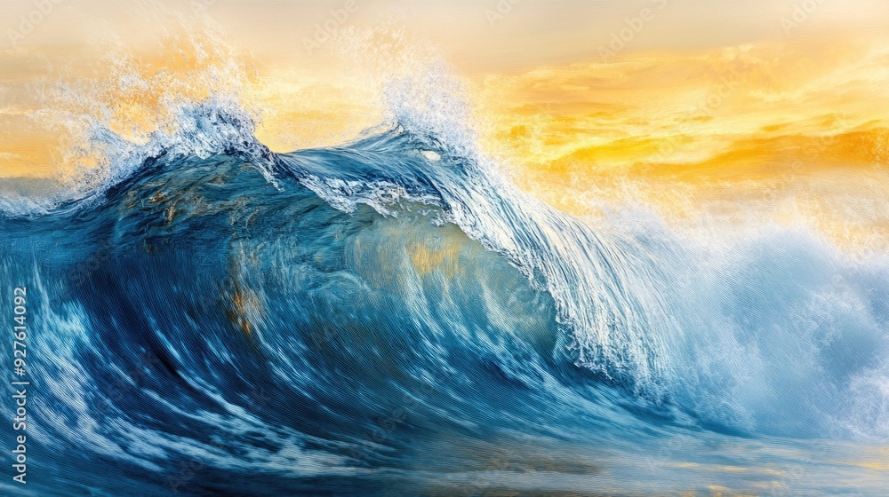 Poster a dynamic blue wave with a soft yellowish tint, creating a vibrant and abstract oceanic scene.