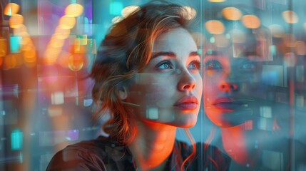 Dynamic light painting portrait of a thoughtful CEO in an office setting, showcasing innovative ideas and reflections on business strategy against a glass wall backdrop.