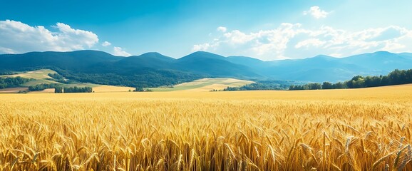 Golden wheat field in front of a mountain range under a blue sky with white clouds.