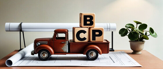 A vintage truck carrying three wooden blocks with the letters "B", "C", and \"P\", word text "BCP" acronym abbreviation of Business Continuity Plan