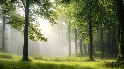 Fototapeta premium A foggy morning in a green forest, with mist rolling through the trees, enhancing the quiet and mystical ambiance.