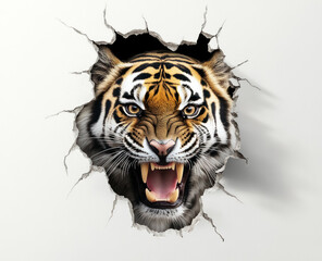 ferocious tiger breaking through a white wall in a dynamic 3d illustration