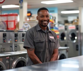 Photorealism a male laundromat employee smiling while standing behind a counter in a laundromat store, with washing machines behind