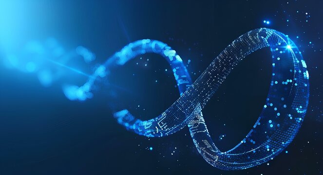 Eervisor of data visualization, infinity symbol made from dots and lines, dark blue background, data science theme, infinity sign, infinite technology concept