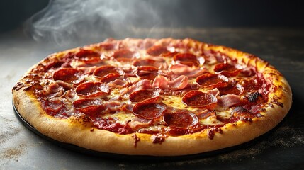 A large pepperoni pizza with bubbling cheese, smoky bacon, ham, fresh tomatoes, and paprika, with steam and a tantalizing aroma wafting above.