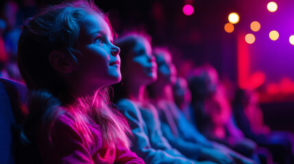 Group of Happy Children Watching a Theater Performance, Joyful Faces in Warm Light