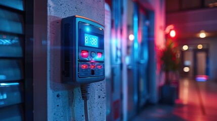 Digital Timer on a Concrete Wall in a Neon Lit Hallway