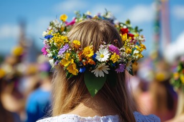 Naklejka premium Back view of blonde woman wearing colorful wildflower crown against blue sky at outdoor summer event
