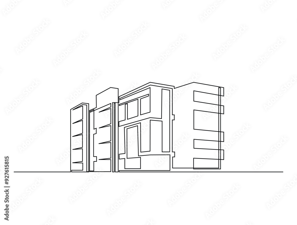 Poster continuous one line drawing of architecture building. modern house architecture single line vector i