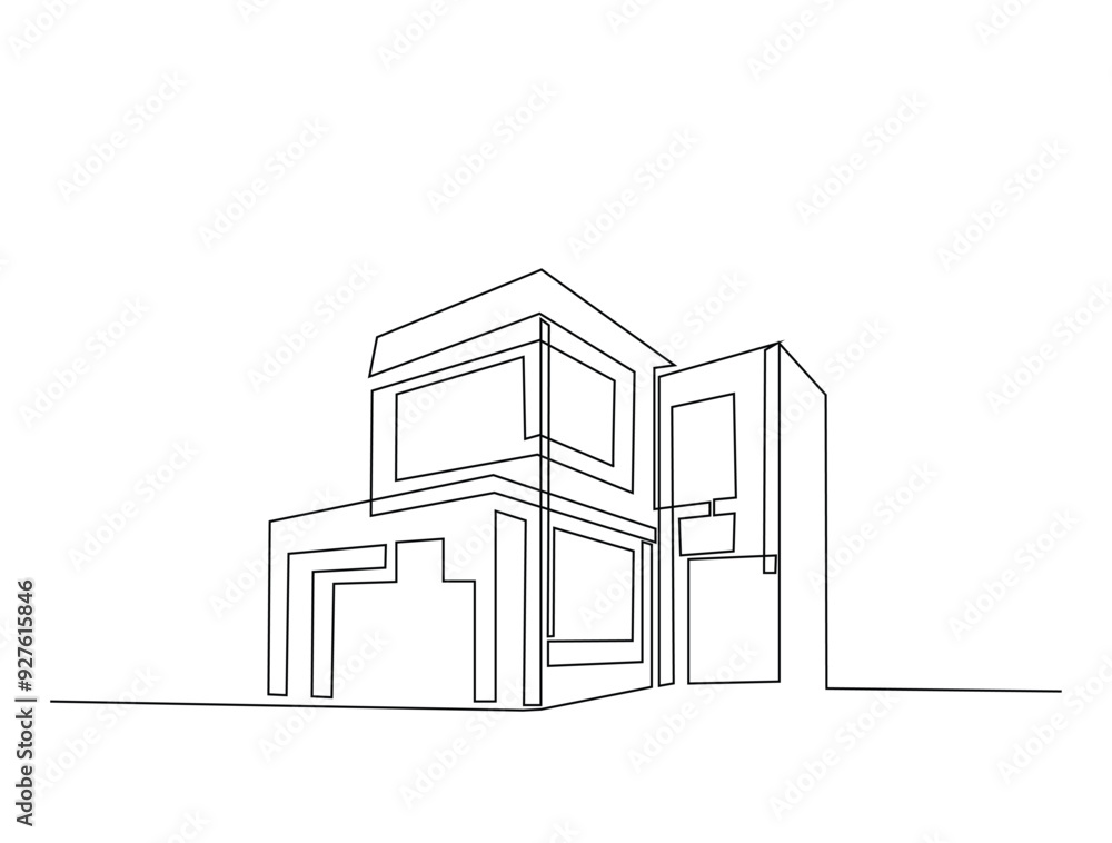 Aufkleber continuous one line drawing of architecture building. modern house architecture single line vector i