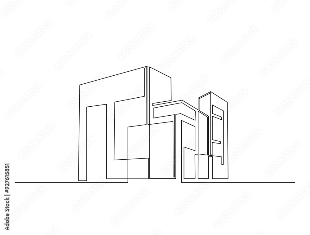 Poster continuous one line drawing of architecture building. modern house architecture single line vector i